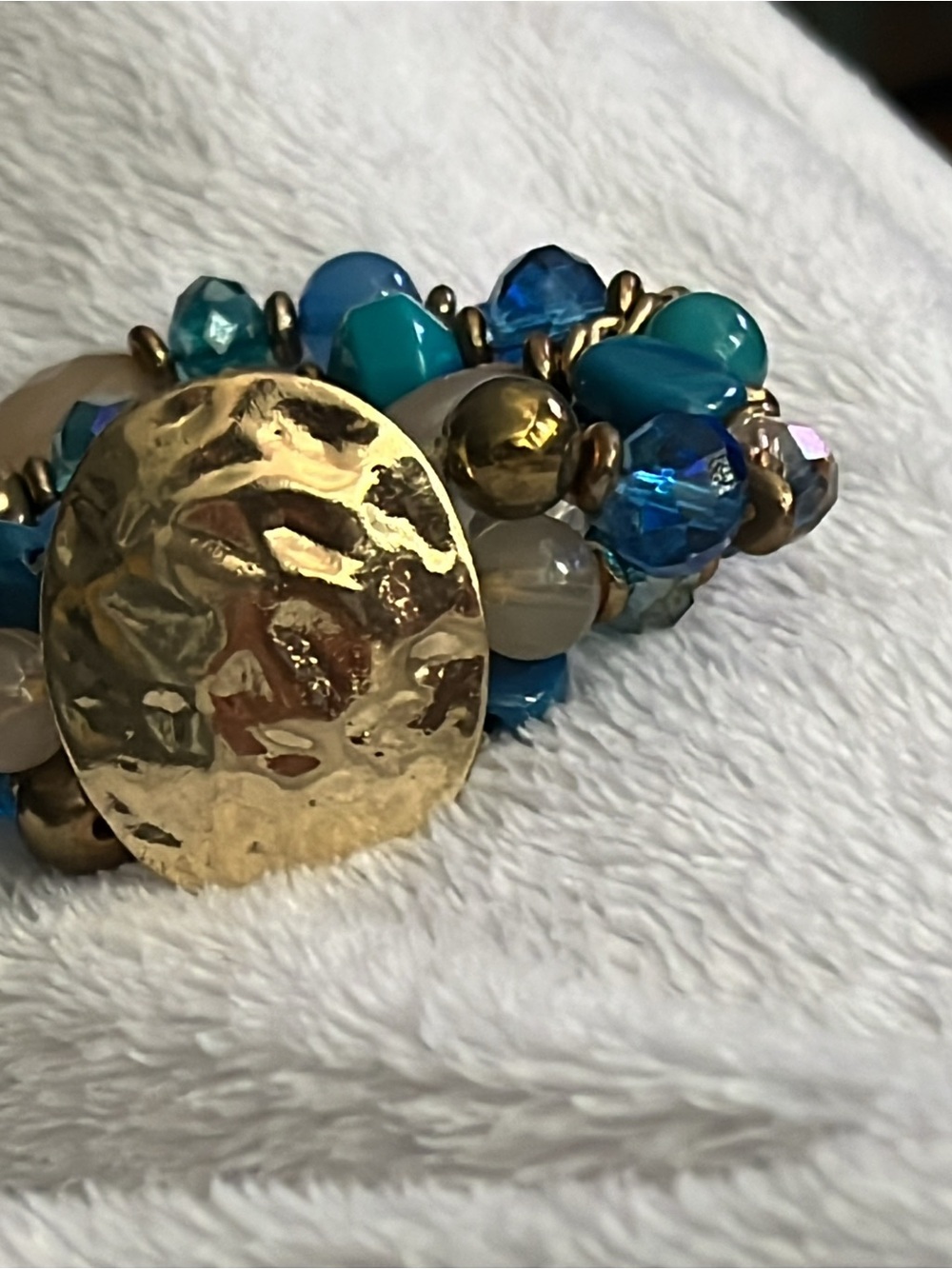 Gold Disc Beaded Stretch Bracelet with Teal and Blue Accents - Picture 3 of 4